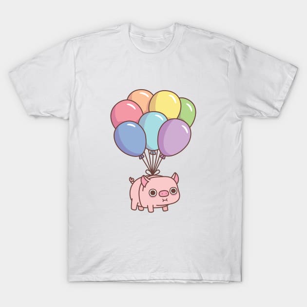 Cute Chubby Pig With Rainbow Balloons T-Shirt by rustydoodle